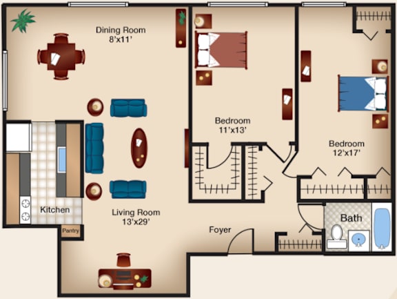 A floor plan of a house showing a living room, dining room, kitchen, pantry, two bedrooms, a bathroom, and a foyer.