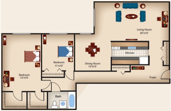 A floor plan of a house with a living room, two bedrooms, a dining room, a kitchen, a foyer, and a bathroom.