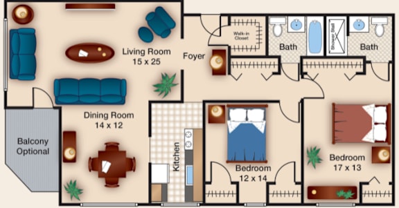 A floor plan of a house with a living room, dining room, kitchen, two bathrooms, and two bedrooms.