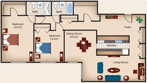 A floor plan of a house with two bedrooms, a dining room, a kitchen, a living room, a foyer, and two bathrooms.