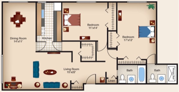A floor plan of a house with a dining room, kitchen, living room, and two bedrooms.