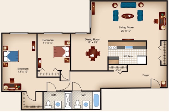 A floor plan of a house with three bedrooms, a living room, a dining room, a kitchen, a foyer, and two bathrooms.