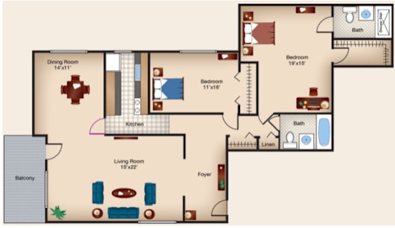 A floor plan of a house with a living room, dining room, kitchen, and two bedrooms.
