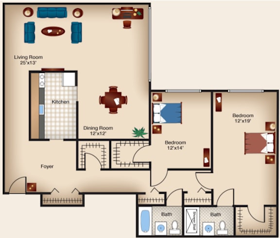 A floor plan of a house with a living room, two bedrooms, a dining room, a kitchen, a foyer, and two bathrooms.
