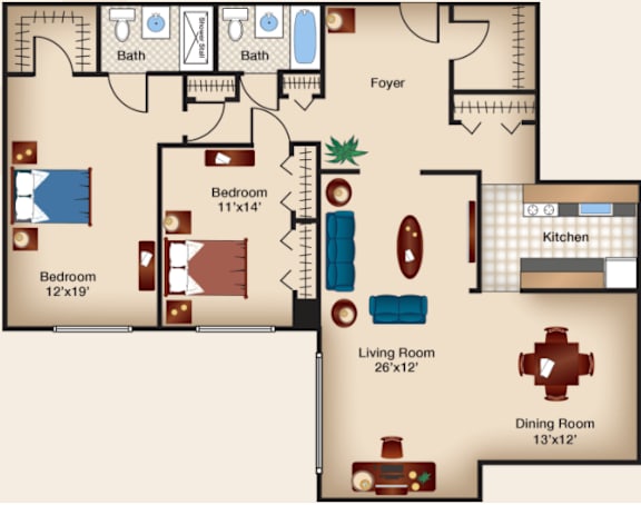 A floor plan of a house with a living room, dining room, kitchen, two bedrooms, a foyer, and two bathrooms.