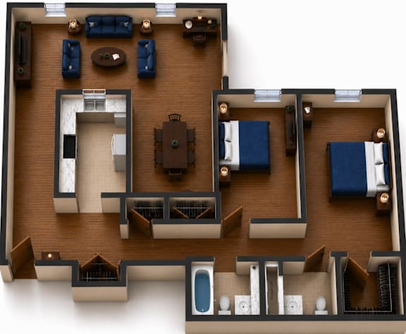A top-down view of a room with a couch, chairs, and a coffee table.