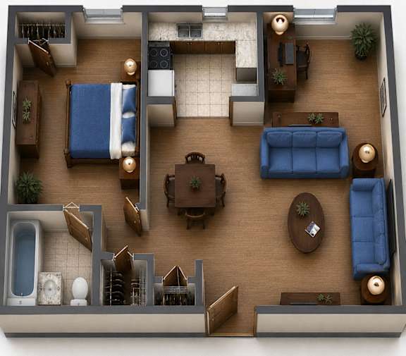A top down view of a living room with a blue couch and a coffee table.