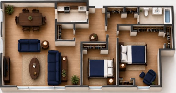 A top-down view of a living room, dining area, kitchen, and bedrooms.