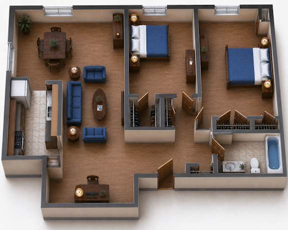 A top-down view of a house layout with a living room, dining room, kitchen, and bedrooms.