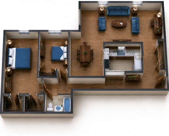 A top down view of a house layout with a blue couch and a brown couch.
