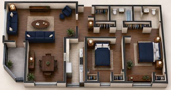 A top-down view of a living room with furniture and decor.