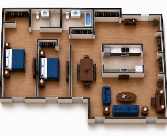 A top down view of a living room with blue couches and a coffee table.