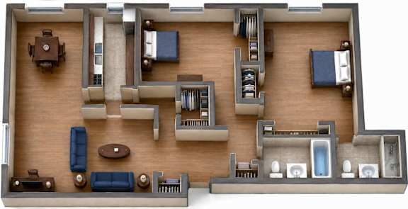 A 3D floor plan of a house with a kitchen, living room, and bathroom.