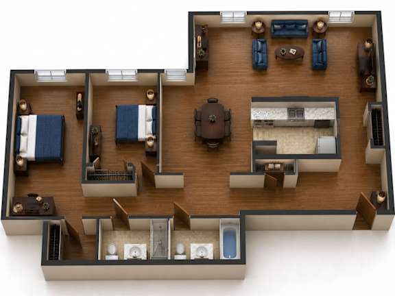 A top down view of a house interior with a kitchen, living room, and bedrooms.