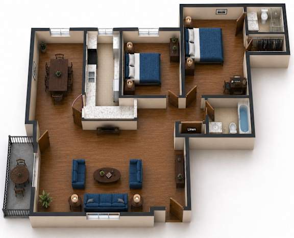 A top down view of a living room, kitchen, and bedrooms.