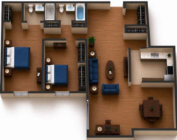 A top-down view of a house layout with a living room, kitchen, and bathrooms.