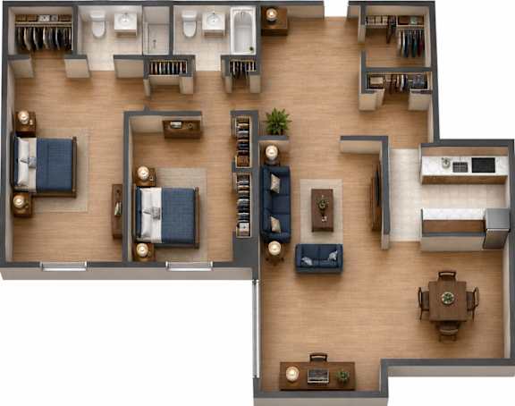 A top-down view of a house interior with a living room, dining room, kitchen, and bedrooms.
