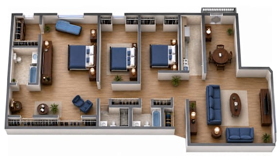 A floor plan of a house with multiple rooms and furniture layout.