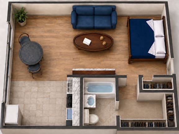 A top view of a living room with a sofa, a table, and a potted plant.