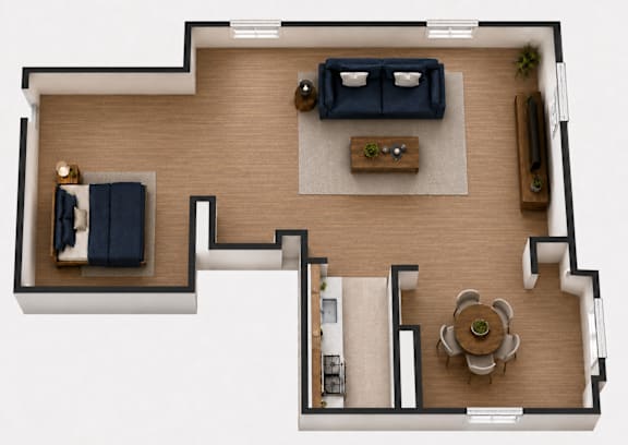 A top-down view of a living room with a couch, a coffee table, and a dining table.