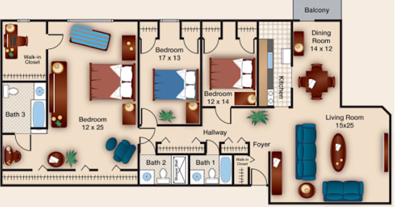 A floor plan of a house with a living room, dining room, kitchen, and three bedrooms.