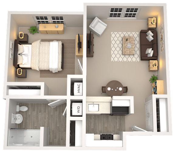 A top-down view of a two-bedroom apartment with a living room, kitchen, and bathroom.