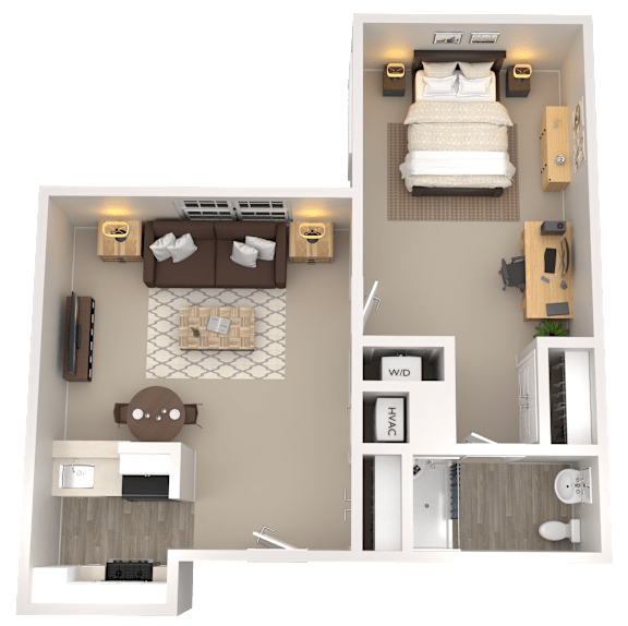 A top-down view of a small apartment with a bedroom, living room, and kitchen.