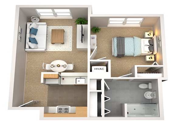 Floor Plan  A floor plan of a small apartment with a kitchen, living room, and bathroom.