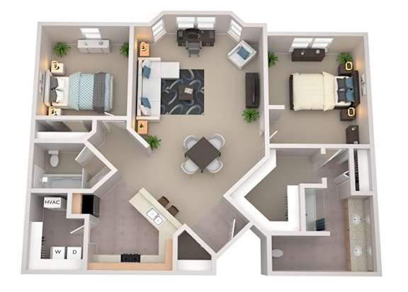 A floor plan of a two-bedroom apartment with a living room, kitchen, and bathroom.