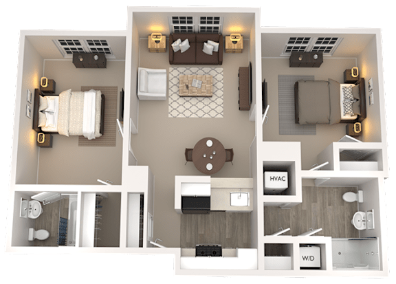 A floor plan of a house with a kitchen, living room, and two bedrooms.