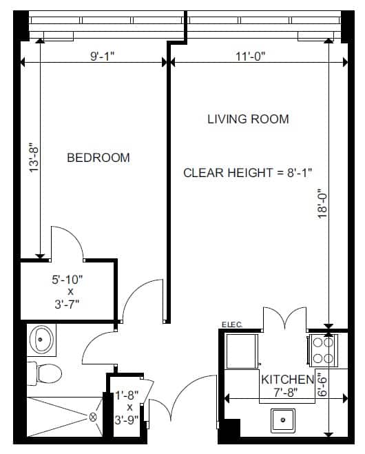 A floor plan of a small apartment with a bedroom, living room, and kitchen.