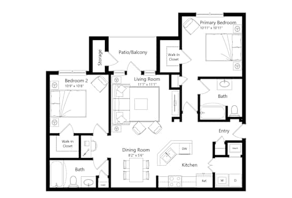 A 2D floor plan of an apartment with labeled rooms.