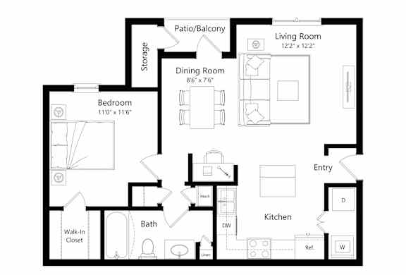 A 2D floor plan of a house with a living room, dining room, kitchen, and bath.