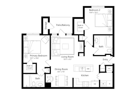 A 2D floor plan for an apartment with two bedrooms, a living room, a dining room, a kitchen, a primary bedroom, a bath, and storage.