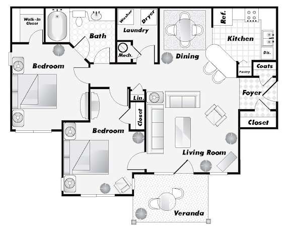 A floor plan of an apartment with labeled rooms such as Bedroom, Bath, Kitchen, and Dining.