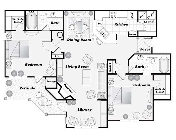 A floor plan of a house with labeled rooms such as Living Room and Kitchen.