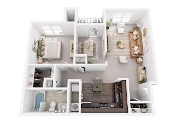 A 3D view of a modern apartment layout with a kitchen, living room, and bathroom.