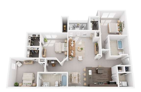 A 3D floor plan of an apartment with a kitchen, living room, and bathroom.
