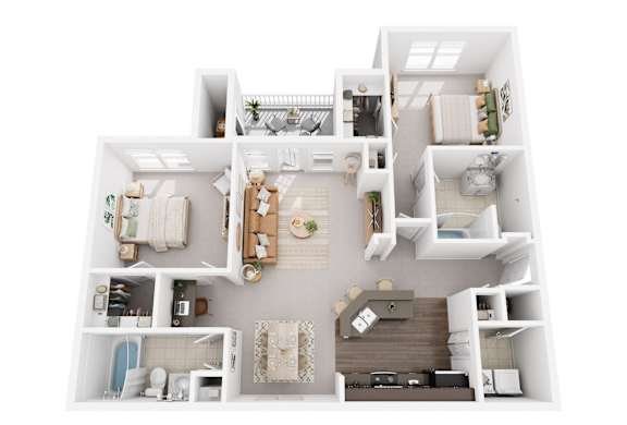 A 3D floor plan of an apartment.