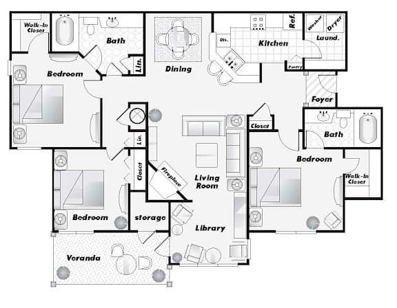A floor plan of a house with labeled rooms such as Bedroom, Bath, Kitchen, Living Room, and Dining.