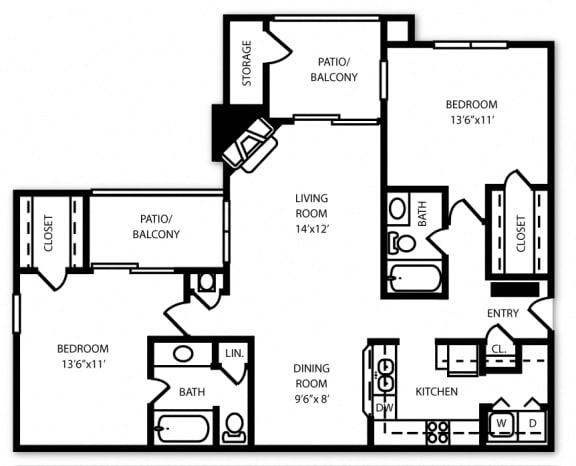 Arbor Mill  Contemporary Floorplan 2 Bedroom 2 Bathroom