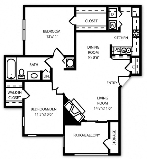 Arbor Mill  Traditional Floorplan 2 Bedroom 1 Bathroom