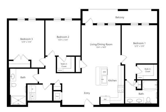A floor plan of a house with three bedrooms, a living/dining room, a kitchen, an entry, two bathrooms, and a balcony.