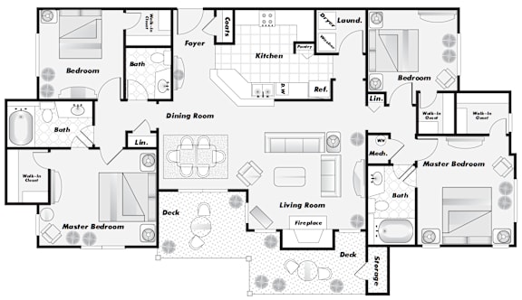 A floor plan of a house with a master bedroom, living room, and kitchen.