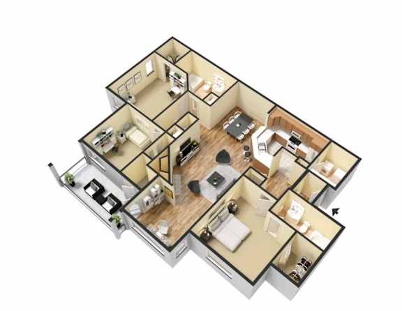 A 3D floor plan of a house with multiple rooms.