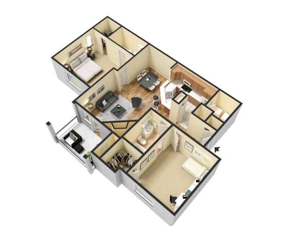 A 3D floor plan of a house with multiple rooms.