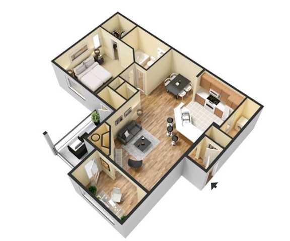 A 3D floor plan of an apartment with a kitchen, living room, and two bedrooms.