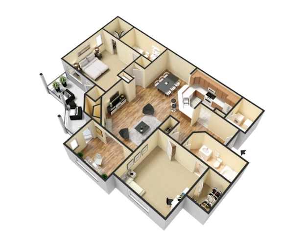 A 3D floor plan of a house with multiple rooms.