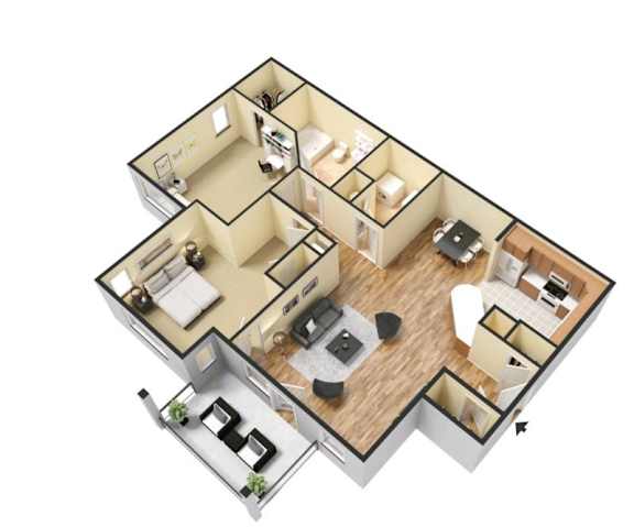A 3D floor plan of an apartment with multiple rooms.