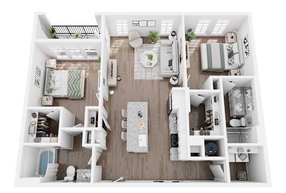 A top-down view of a small, well-organized apartment with a kitchen, living room, and bedroom.